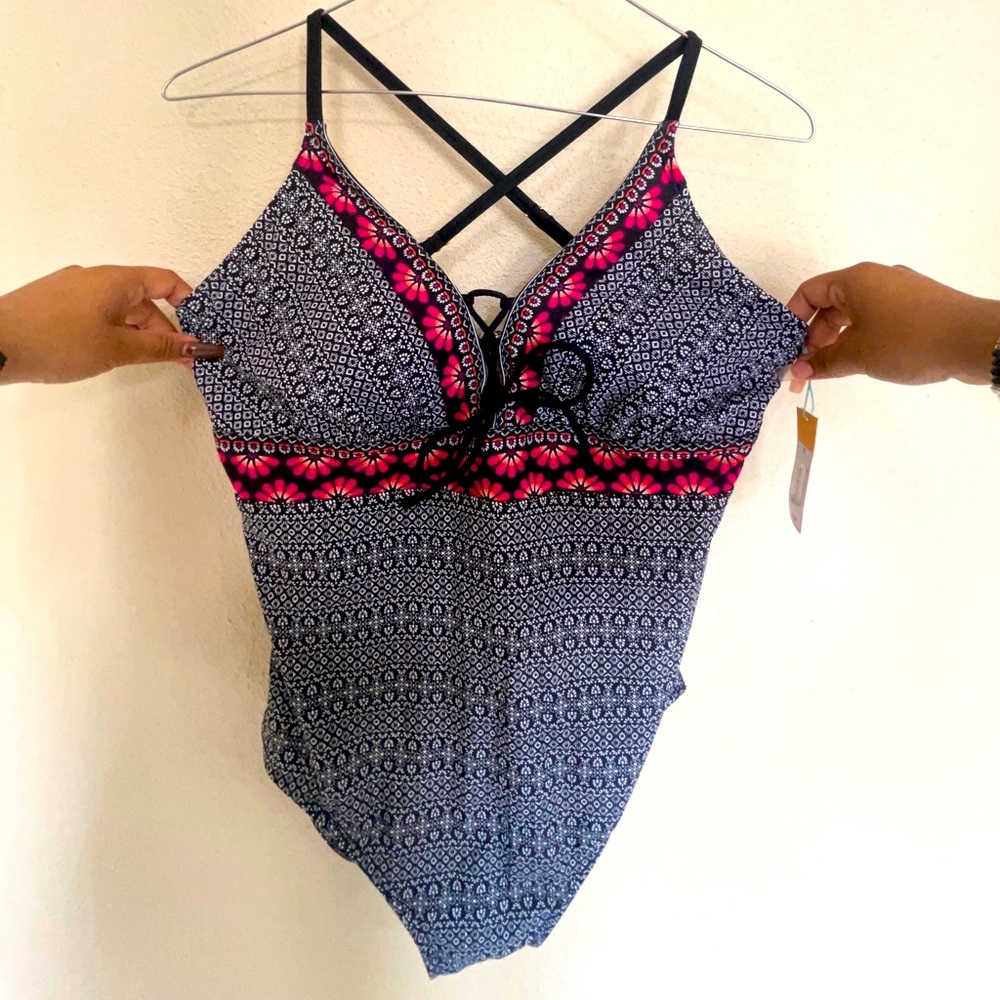 One piece biking swim suit.